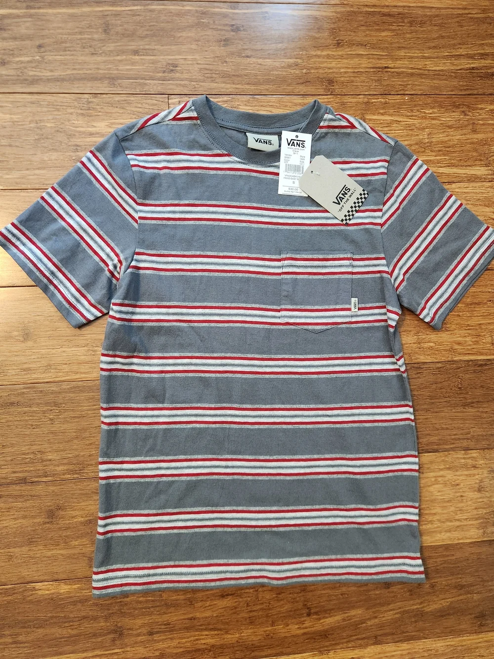 New Vans Boys Gray & Red Striped Pocket Tee Tshirt Shirt Skater, Small